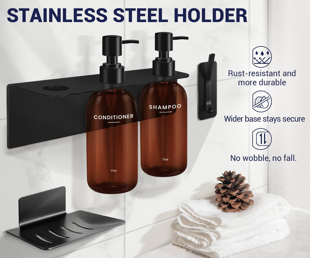 Shampoo Conditioner Body Wash Dispenser Bonus Soap Dish and Hook, Amber