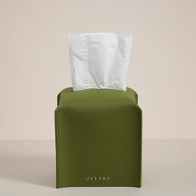 OLETHA Square Tissue Box Cover - Aesthetic Desk Decor for Room, Home & Office - Tissues Cube Boxes Holder - Green