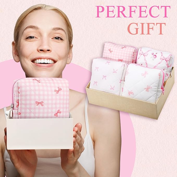 Paterr 4 Pcs Mini Quilted Floral Makeup Bag Pink Bow Cosmetic Bag Small Coquette Quilted Pouch with Zipper Cute Kawaii Cotton Travel Toiletry Bags for Girls Back to School Teacher Students Gifts
