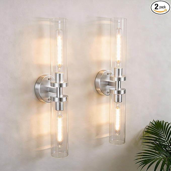 Wall Sconces 2-Pack, Hardwired Bathroom Light Fixtures, Modern Farmhouse Vanity Wall Lighting with Clear Glass Shades, E26 Base Wall Sconce Wall Lights for Bathroom Wall Decor, Brushed Nickel