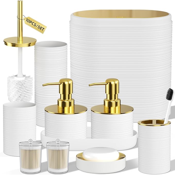 InnJoey Bathroom Set, 10PC Bathroom Accessory Set, White Bathroom Accessories, White and Gold Bathroom Set with Trash Can, Soap Dispensers