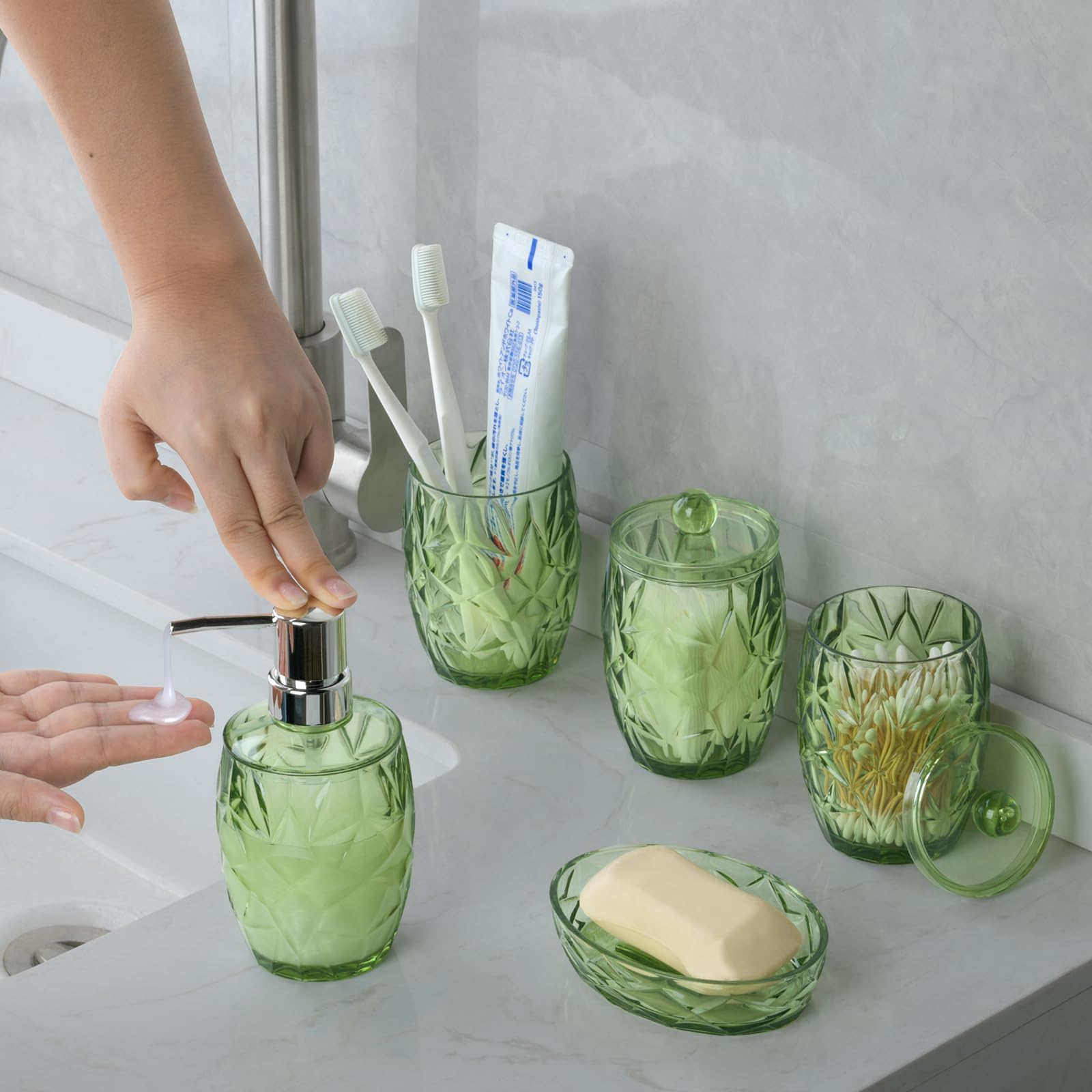 Modern Shatterproof Acrylic Olive Green Bathroom Accessories Set – 5-Piece Glass-Free Vanity Set with Soap Dispenser, Toothbrush/Makeup Brush Holder, 2 Cotton Jars with Lids, and Soap Dish