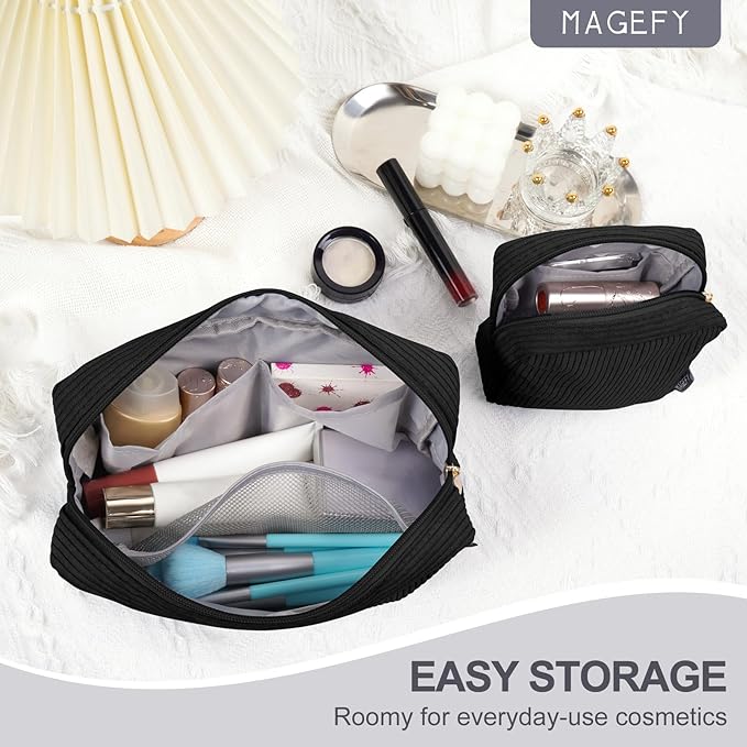 MAGEFY Makeup Bag 2 Pcs Corduroy Cosmetic Bag Mini Big Makeup Bags for Women Travel Pouch with Slip-in Pockets(Black)
