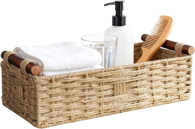 Back of Toilet Basket, Khaki Wicker Toilet Tank Basket for Toilet Paper Storage, Basket for Toilet Tank Top, Neutral Bathroom Organizer for Wipes & Essentials