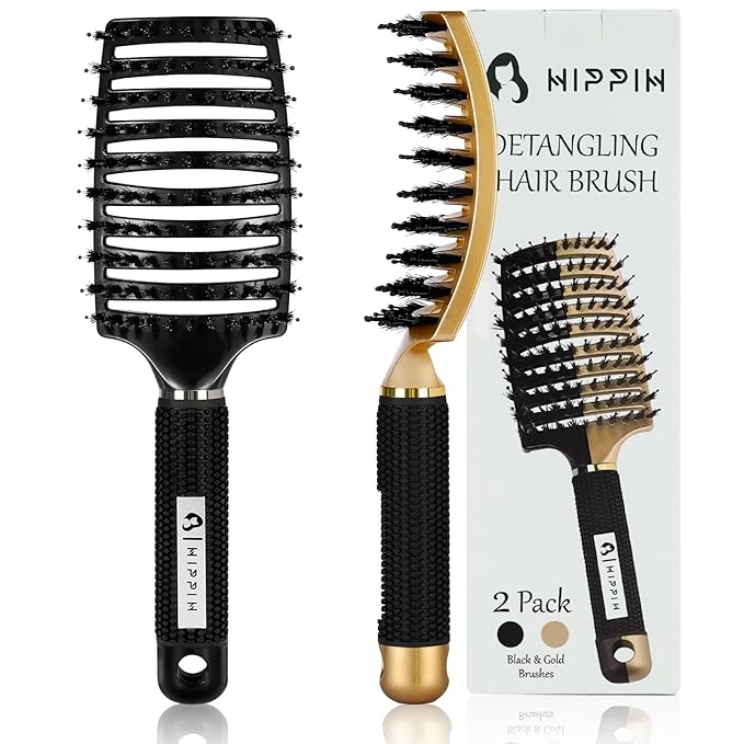 Boar Bristle Hair Brush Set of 2, HIPPIH Wet & Dry Hair Brushes Made by Fine Natural Boar Hair Can Adds Shine and Smoothing, Detangling Hairbrush for Women, Men & Kids' Long Curly Thick Hair