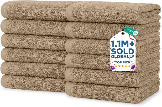 DAN RIVER 12 Pack Wash Cloths for Showering [12x12] - 100% Cotton Washcloths Premium Quality Flannel Face Cloths for Bathroom, Highly Absorbent and Soft Feel Wash Clothes, Tan