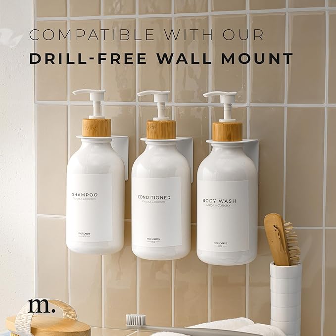 Shampoo and Conditioner Bottles Set of 3 White Bamboo – Shower Shampoo Dispenser – Hotel Style Bathroom Upgrade by MaisoNovo
