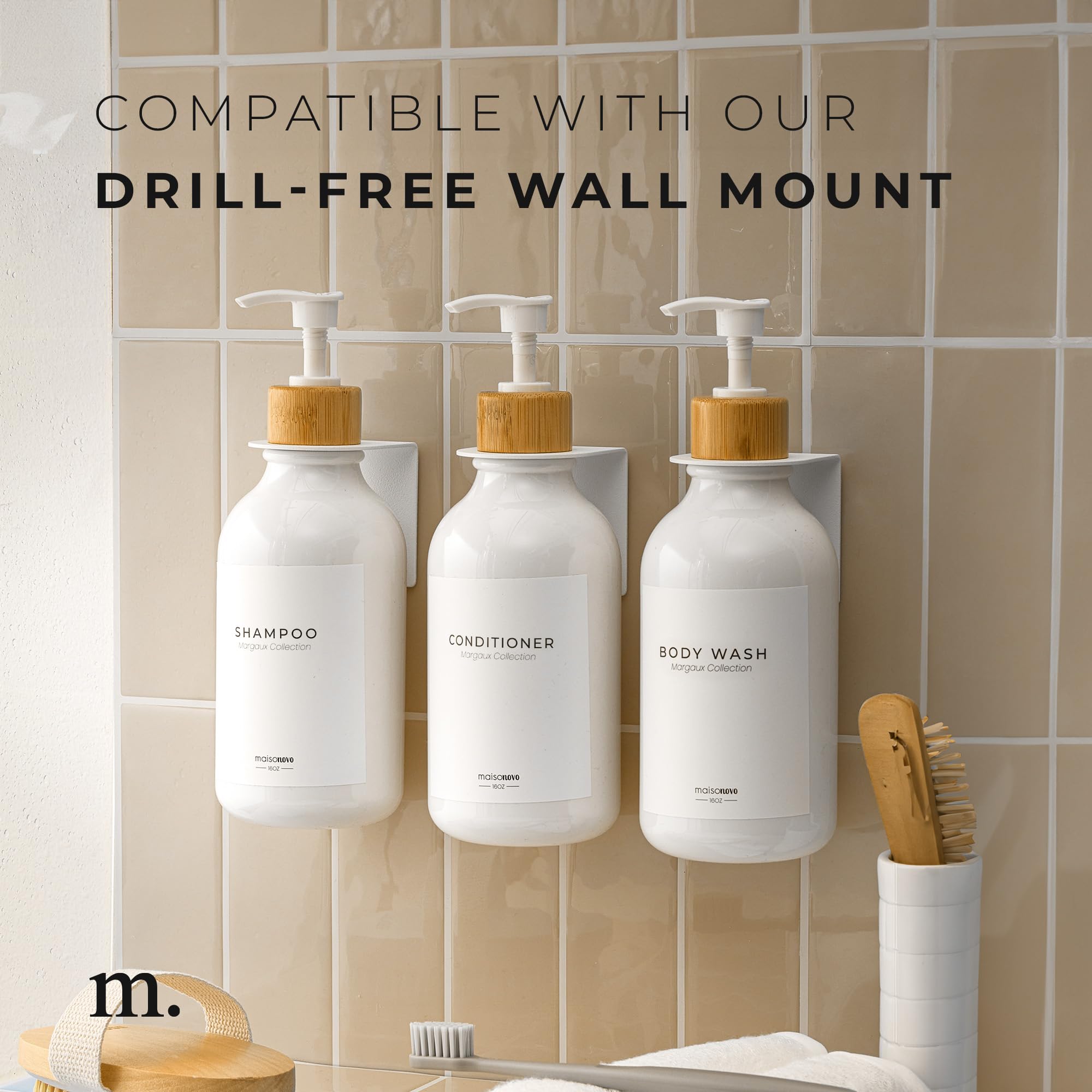 Shampoo and Conditioner Bottles Set of 3 White Bamboo – Shower Shampoo Dispenser – Hotel Style Bathroom Upgrade by MaisoNovo
