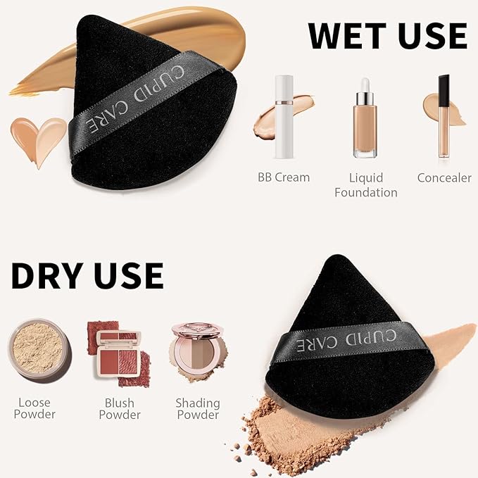 CUPID CARE 6 Pcs Triangle Powder Puff with 2 Travel Cases, Setting Powder Puffs for Face Powder and Foundation, Soft Velour Makeup Puff for Loose Powder Body Powder, Skin-Friendly, Beauty Makeup Tools