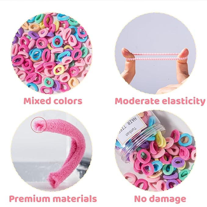 Tunbao 100 Psc Baby Hair Ties,Soft Cotton Toddler Hair Ties,Small Seamless Hair Bands for Girls and Kids,Multicolor Hair Elastics Ponytail Holders