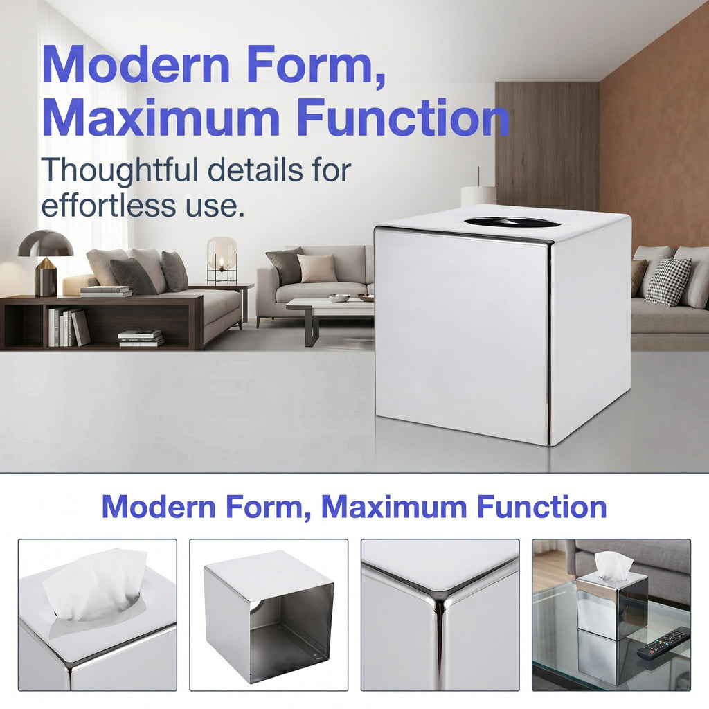 ABS Plastic Square Tissue Box Cover Facial Tissue Holder Silver Square Holder for Bathroom Vanity Countertops Bedroom Dresser Night Stand 5.38X5.38X5.11In Non-Stainless Steel
