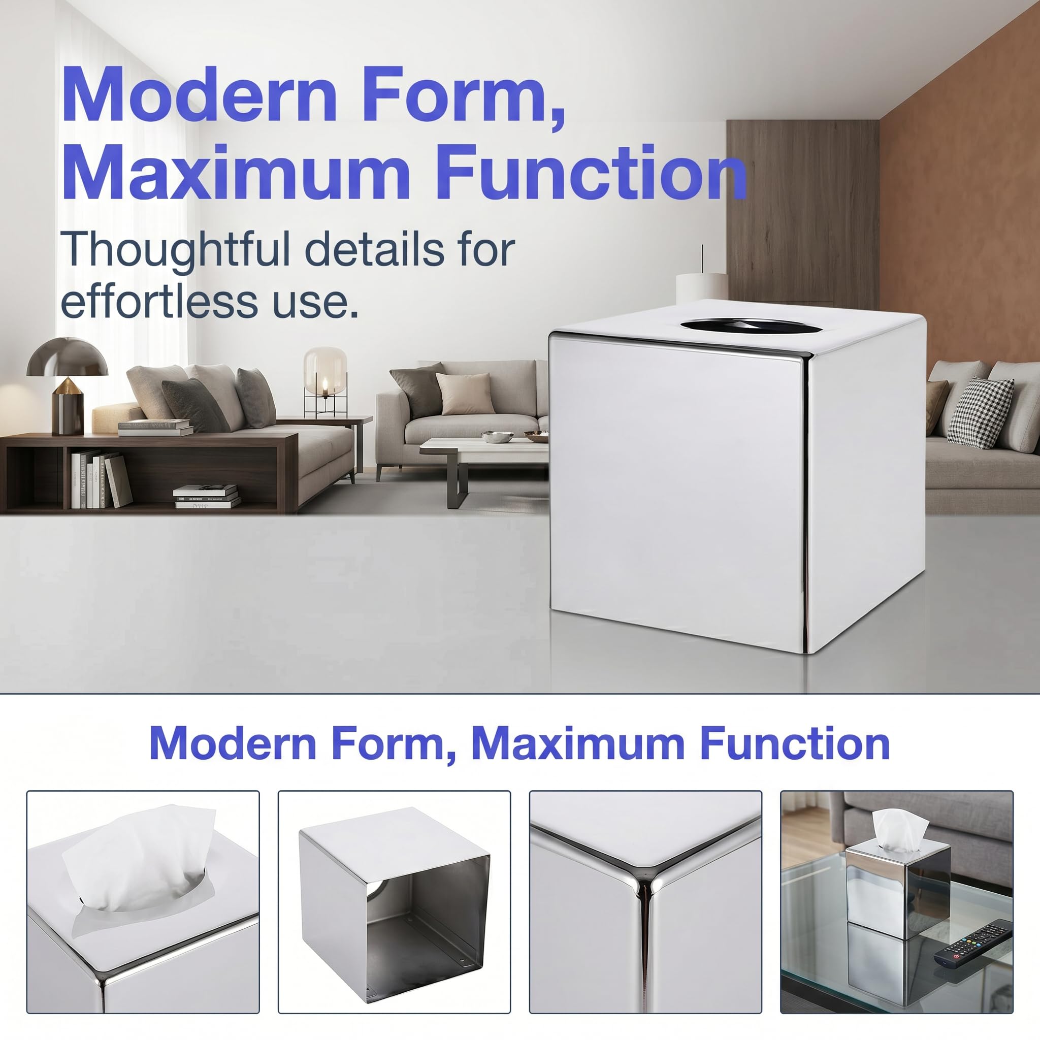 ABS Plastic Square Tissue Box Cover Facial Tissue Holder Silver Square Holder for Bathroom Vanity Countertops Bedroom Dresser Night Stand 5.38X5.38X5.11In Non-Stainless Steel