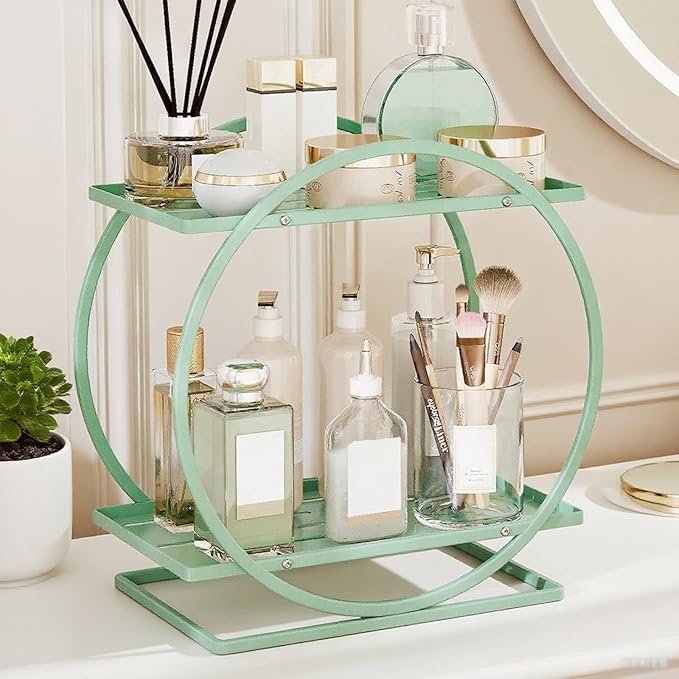 YIWANFW Perfume Organizer for Dresser, 2-Tier Bathroom Counter Organizers, Elegant Round Makeup Organizer for Vanity, Bathroom Organizer Countertop Shelf, Perfume Tray Skincare Storage (Green)