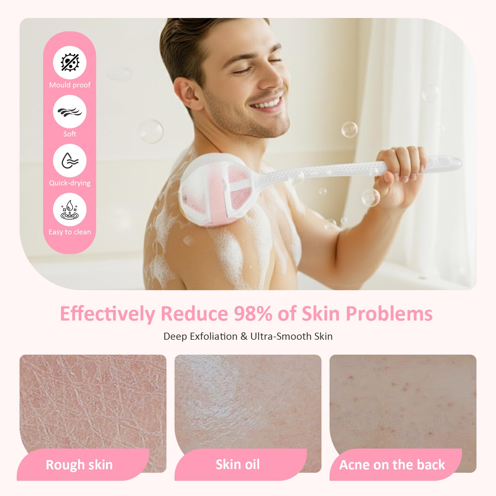 3PCS Extender Handle Set,17in Lengthen Detachable Long Handle Back Brush*1,Silicone Body Scrubber for Gentle Exfoliating and Massage Can Produce Rich Foam*2,Long Handle Back Scrubber for Men (White)