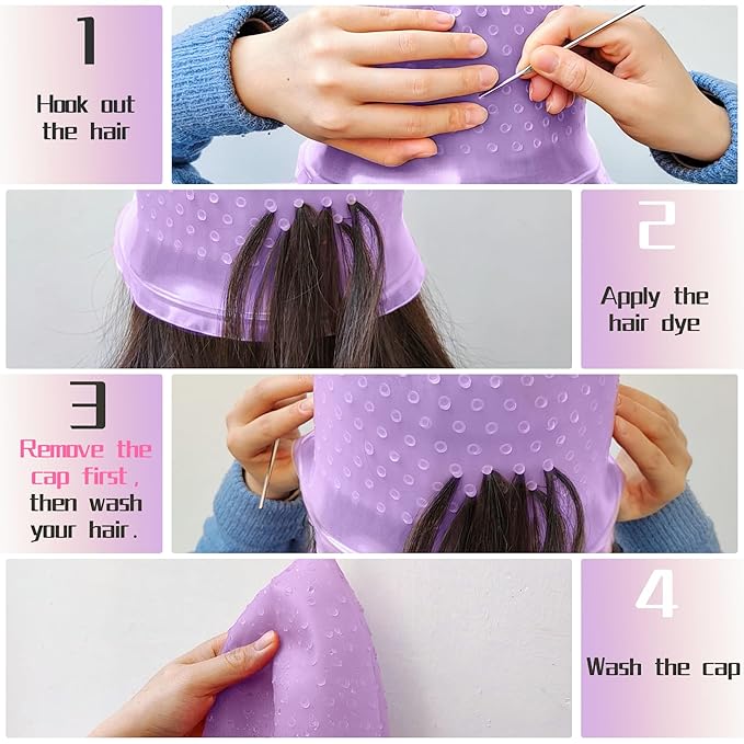 Punched Hole Silicone Highlight Hair Cap with Needle and Hair Coloring Brush, Highlighting Streaking Cap, Highlight Cap, Professional Salon Hairdressing Dyeing Staining Tools for Women Men