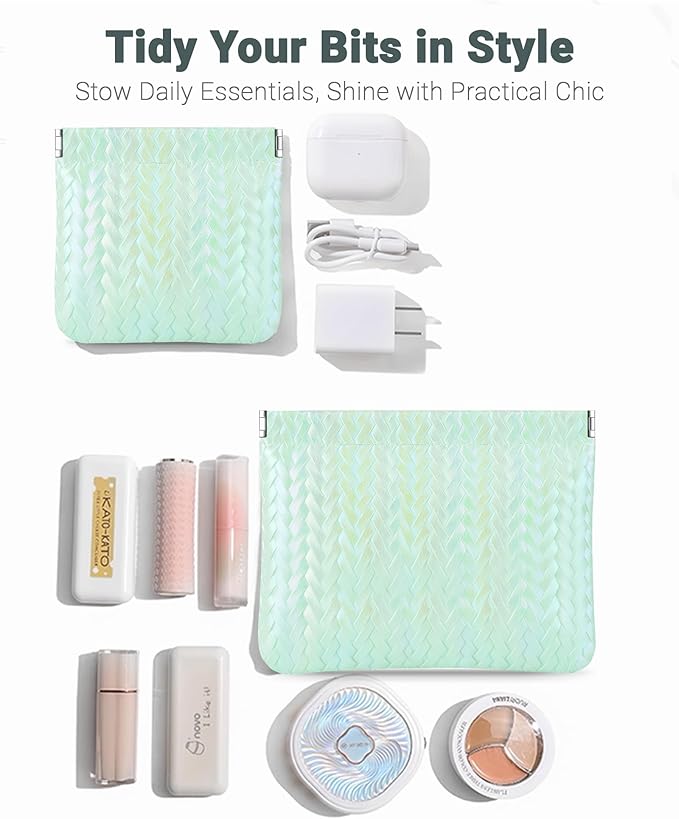 MXXUUOOM 2 Pack Small Makeup Bag for Purse Leather Cosmetic Pouch Organizer, Snap Closure Holographic Woven Makeup Bag, Mini Lipstick Coin Pouch, Travel Makeup Organizer for Women green