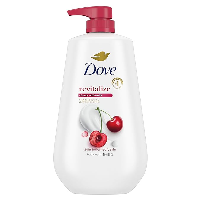 Dove 24hr Lotion Body Wash Revitalizante Cherry & Chia Milk, 30.6 oz | Hydrating body wash with MicroMoisture and a luscious cherry scent