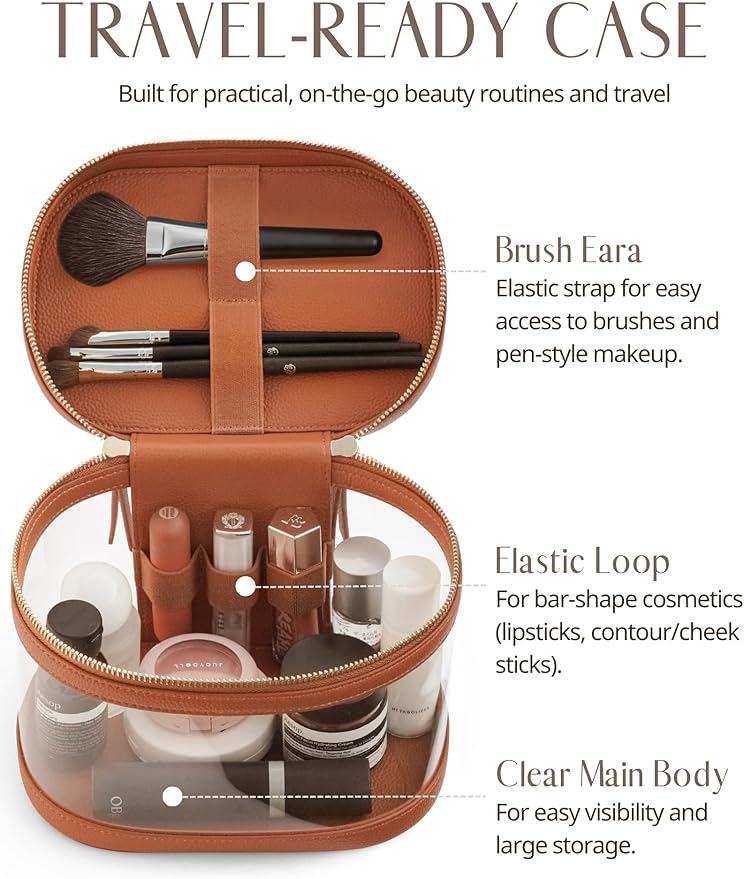Popvibe Travel Makeup Case Clear Vanity Bag with Brush Holder, Compact Leather Train Case Brown Make Up Bag Storage Organizer Luxury Cosmetic Case Travel Essentials Cute Portable with Handle