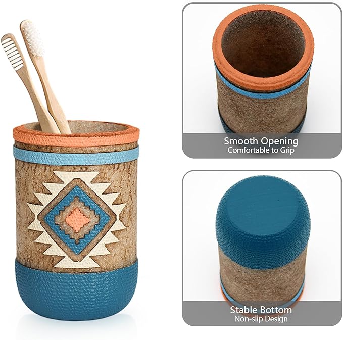 Bathroom Accessory Sets 4PCs Complete Tribal Home Decor Southwest Pattern Shape Includes Lotion Dispenser Toothbrush Holder Tumbler Cup & Vanity Tray