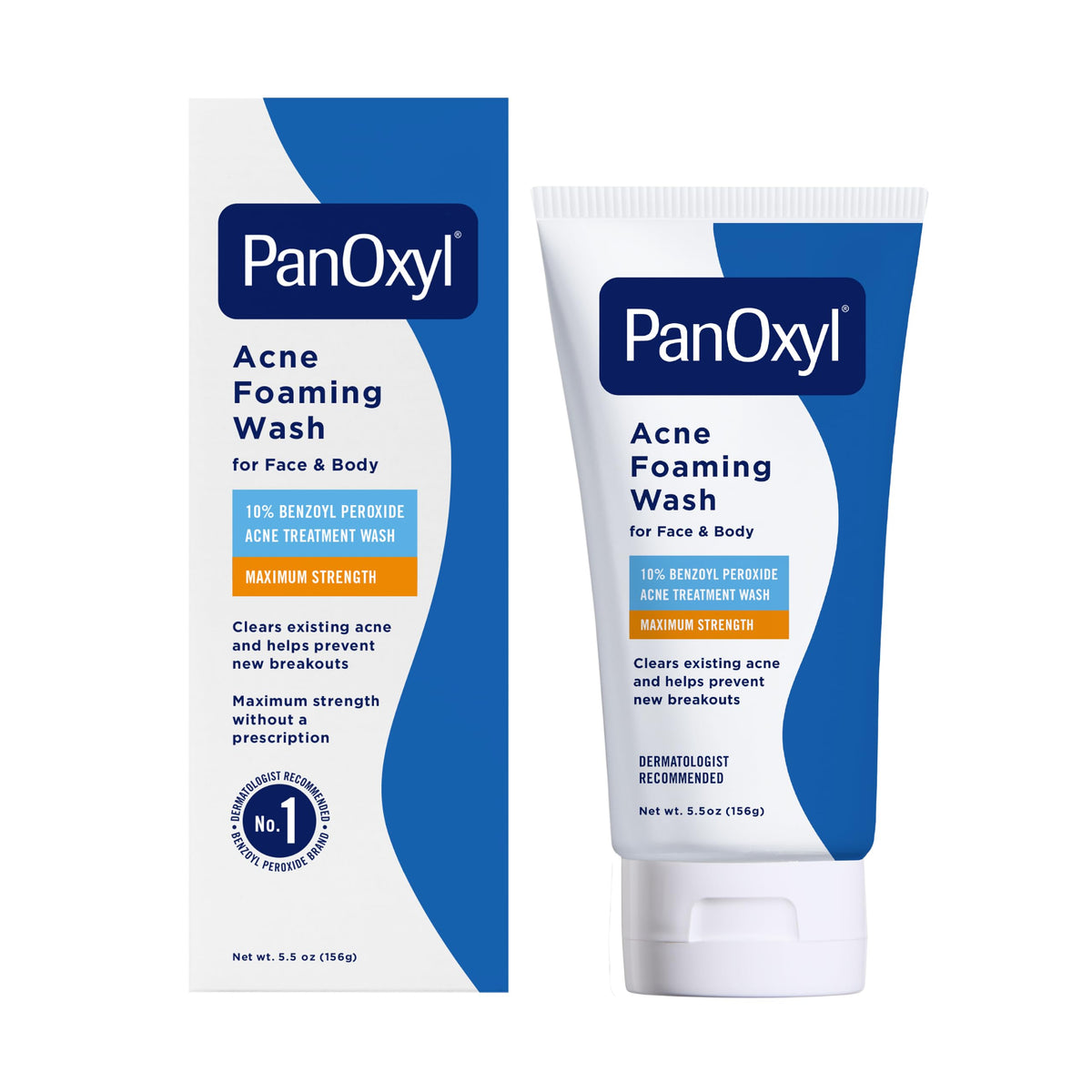 PanOxyl 10% Benzoyl Peroxide Acne Foaming Wash, Maximum Strength, Daily Acne-Fighting Face and Body Cleanser, Face Wash to Clear, Treat and Prevent Acne Pimples and Stubborn Breakouts, 5.5 Oz Tube