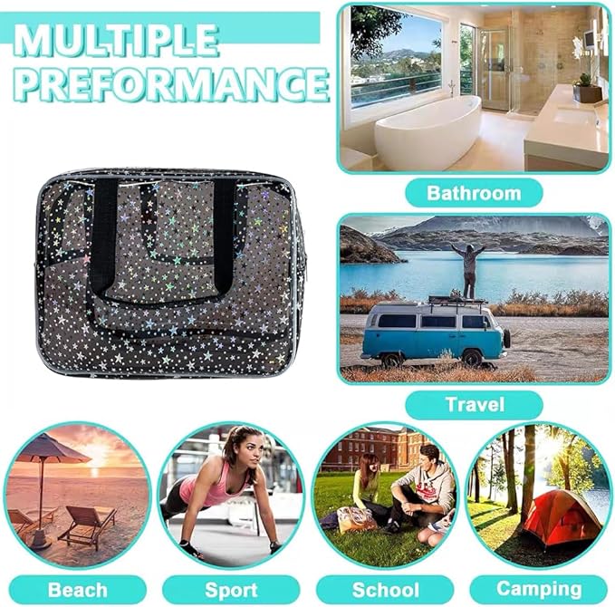 TotePrint Black Holographic Star Cosmetic Bag for Women 11.8x5.1x8.2 Inches Portable Travel Toiletry Bag with Handles,Durable PVC Material,Zipper Design-Ideal Large Clear Makeup Organizer