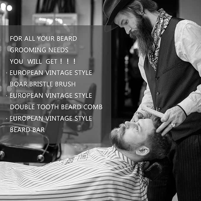 Beard Grooming Kit For Men - European Vintage Style w/Beard Comb, Beard Brush, Beard Bar - Focusing On Men's Beard Care, Mastering The Beards Of Men All Over The World