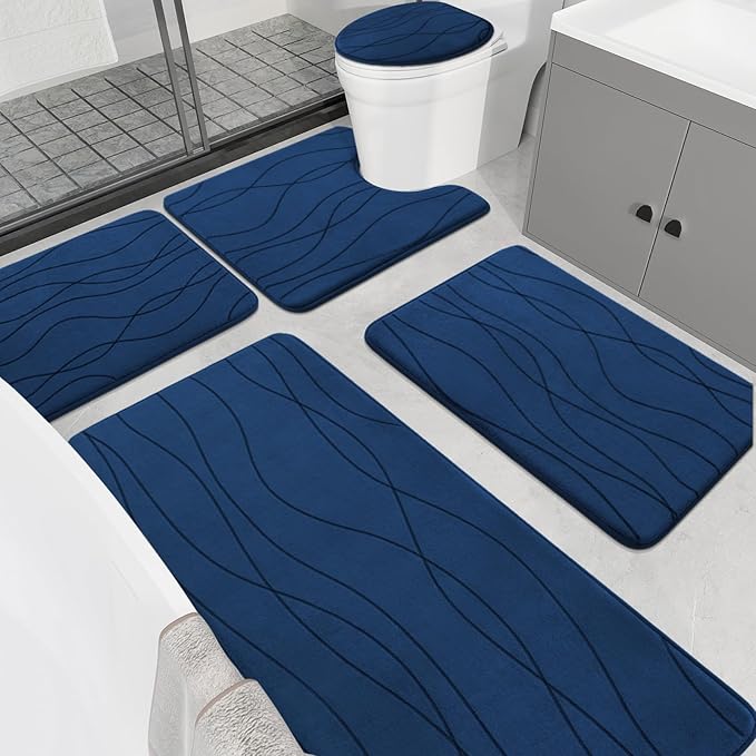 YIHOUSE Bathroom Rugs Set 5 Piece, Memory Foam Bath Mat Navy Blue