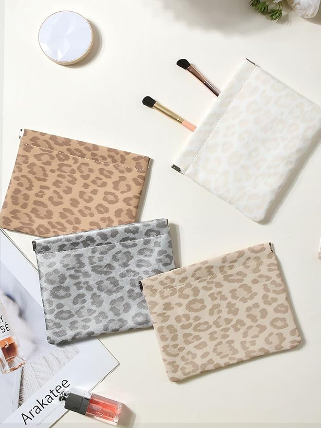 Ksriylm Leopard Leather Small Makeup Pouch for Women,Cosmetic Accessories,Waterproof and Portable Cosmetic Bag,Self-closing, No Zipper, Aesthetic Storage Pouch,Lipstick for Purse,Oyster Grey Brown