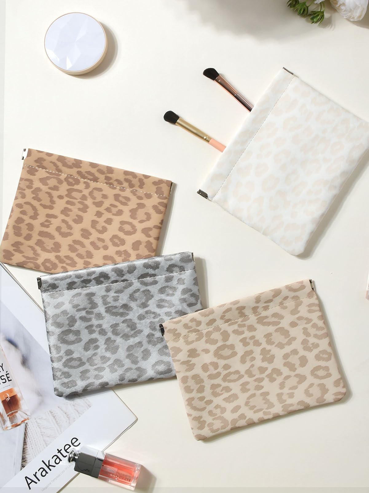 Ksriylm Leopard Leather Small Makeup Pouch for Women,Cosmetic Accessories,Waterproof and Portable Cosmetic Bag,Self-closing, No Zipper, Aesthetic Storage Pouch,Lipstick for Purse,Oyster Grey Brown