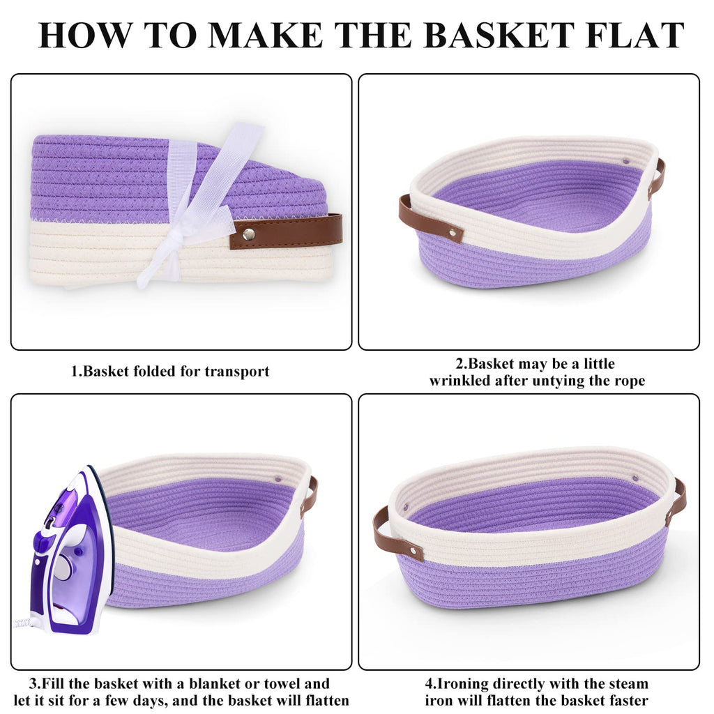 HLWDFLZ Bathroom Countertop Organizer Basket, Cotton Rope Woven Storage Basket Toilet Paper Decorative Basket for Bathroom, Bedroom, Living Room, Entryway 13"x6.3"x4.3" (Off White/Purple)
