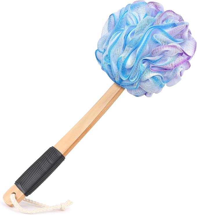 FORENEE Blue, Purple and White Loofah on a Stick, PE Mesh Back Scrubber