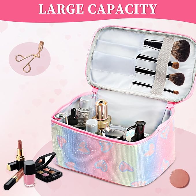 DALINEEYI Makeup Bag, Travel Makeup Case Organizer With Handle and Divider, Make Up Box for Women, Cute Cosmetic Bag for Girls Sister Gifts