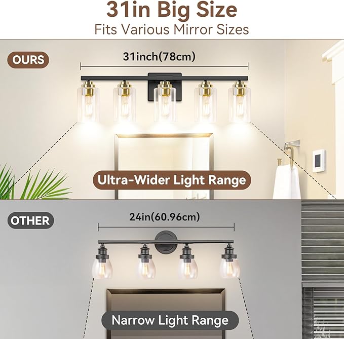 VerRon 5-Light Bathroom Light Fixtures, 31" Black & Gold Vanity Lights