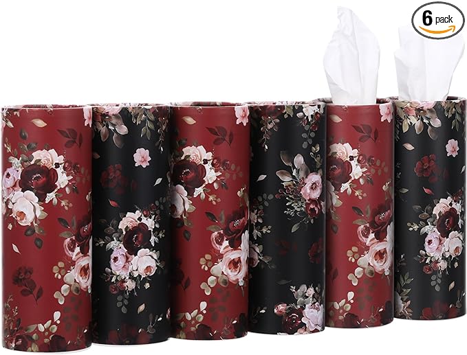 Ctosree 6pk 50 Sheets Car Tissues Holder with Facial Tissues 3-ply Travel Tissue Tubes Box Container Fit for Car Cup Holder Floral Cylinder, 7.1 Inch(Red,Black)
