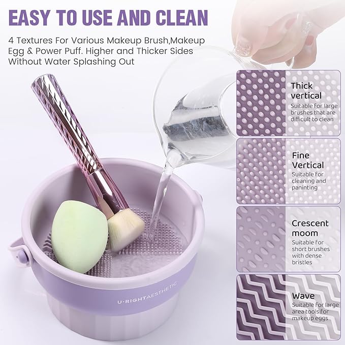 GOLIKEE 2 Pack Makeup Brush Cleaner Mat 3 in 1 Silicone Makeup Brush Cleaning Bowl Makeup Brush Sponge Scrubber Tool for Cleaning, Storage and Upside Down Drying, （Two Khaki）