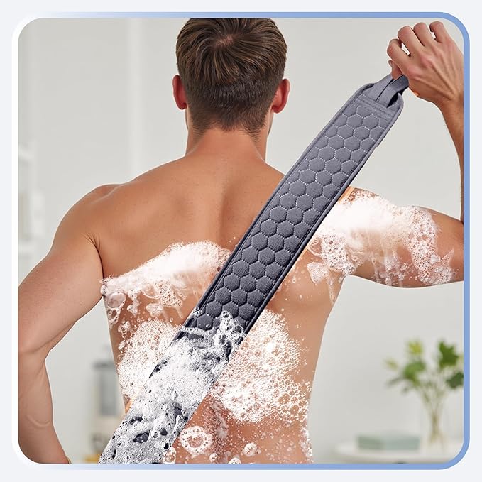 XNXA Back Scrubber for Shower with Handles, 40 Inch Extra Long Double-Sided Exfoliating Bath Strap, Textured Body Washer with Extended Reach for Deep Cleaning (Grey)