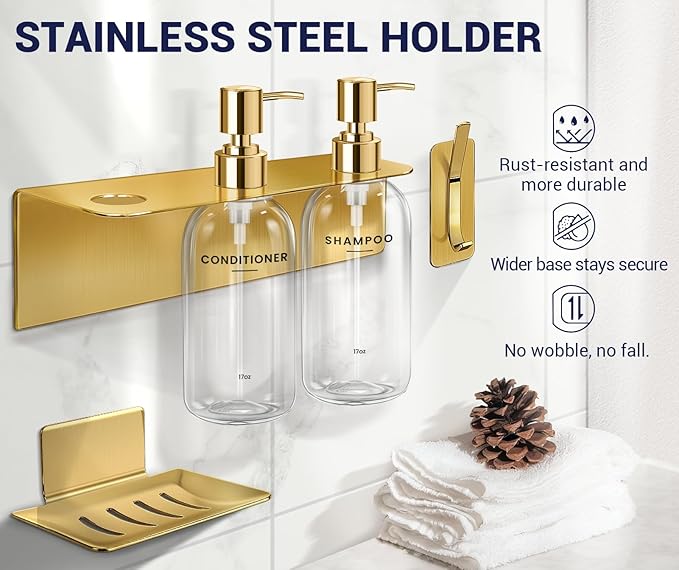 KLL Shampoo and Conditioner Dispenser - 3 Soap Dispenser Bathroom Wall Mount No Drill, Soap Holder, Hook - Refillable Shower Dispenser Pump Bottle for Bathroom Shower Accessories (Transparent)