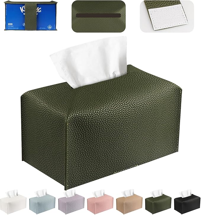 PARIERIS Tissue Box Cover PU Leather Tissue Holder Rectangle Facial Tissue Case Tissue Box Organizer Dispenser for Bathroom, Kitchen, Home, Office, Tabletop (OliveGreen, Tall)