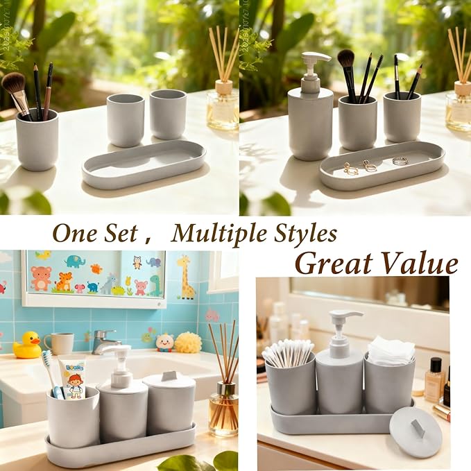 LGURT 4-Piece Light Gray Plastic Bathroom Organizer Set, with Lotion Soap Dispenser, Tumbler, Cotton Swab Cup & Vanity Tray (7.87" × 2.56") – Bathroom Decor for Apartment, Dorm & Guest Bath