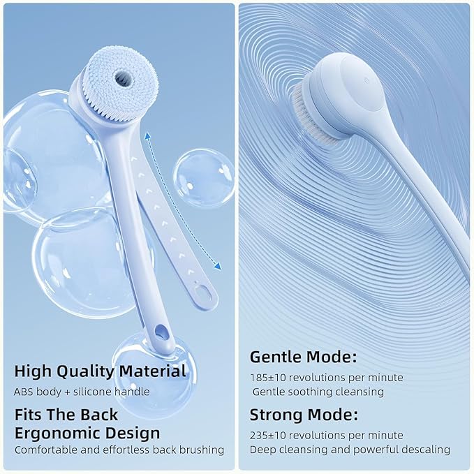Oh,XIYU. Electric Body Brush Back Scrubber for Shower, Waterproof Long Dual Handle Power Body Scrubber with 3 Heads, Bath Brush & 2 Speeds, for Cleansing, Exfoliating and Massaging Skin, Sky Blue