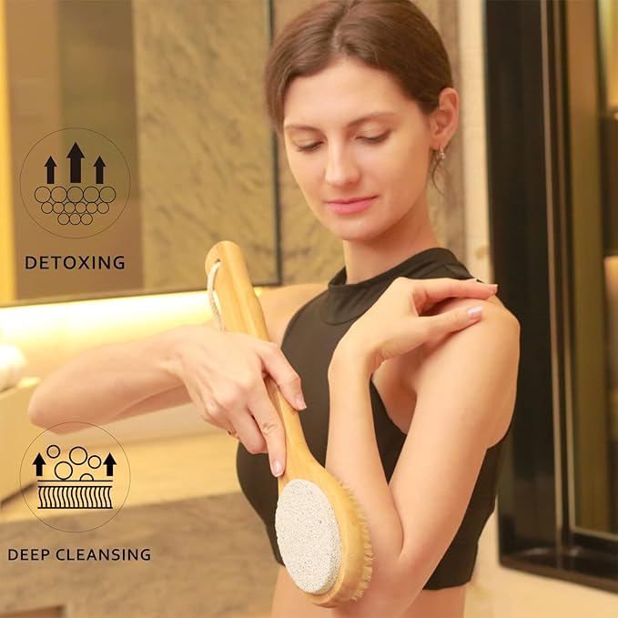 ICANdOIT 2 in 1 Long Handle Bath&Shower Brush,Bath Scrubber,Boar Bristle with Pumice Stone Exfoliate & Soften Skin,Dry Brushing Body Brush for Cellulite&Lymphatic Drainage