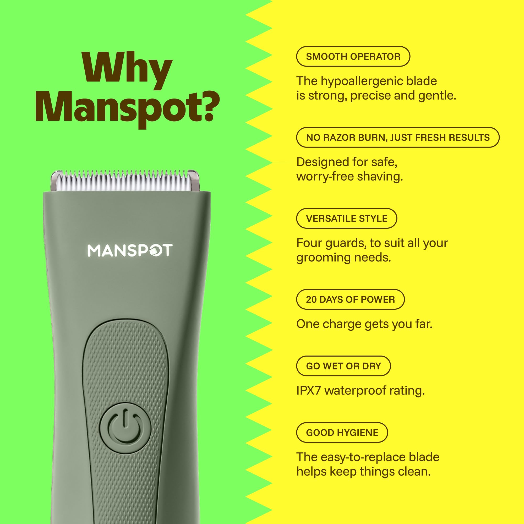 MANSPOT Manscape Hair Finishing Trimmers, Pubic Hair Trimmer for Men and Women, Electric Ball Trimmer Pubic Shaver,Hypoallergenic Ceramic Blade Heads,Waterproof Wet/Dry Groin Shaver,20 Times Usage