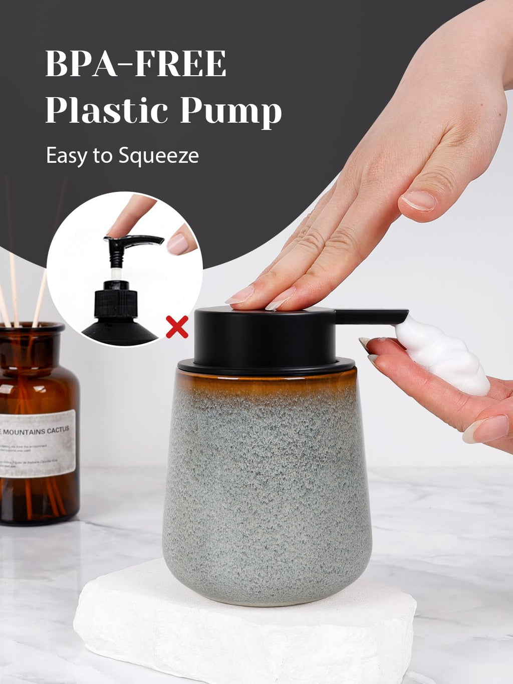 INGOFIN Ceramic Foaming Soap Dispenser -12oz Foam Hand Soap Dispenser Bathroom, Modern Refillable Dish Wash Soap Bottle for Kitchen with Large Pump,Kiln-Glazed Grey White