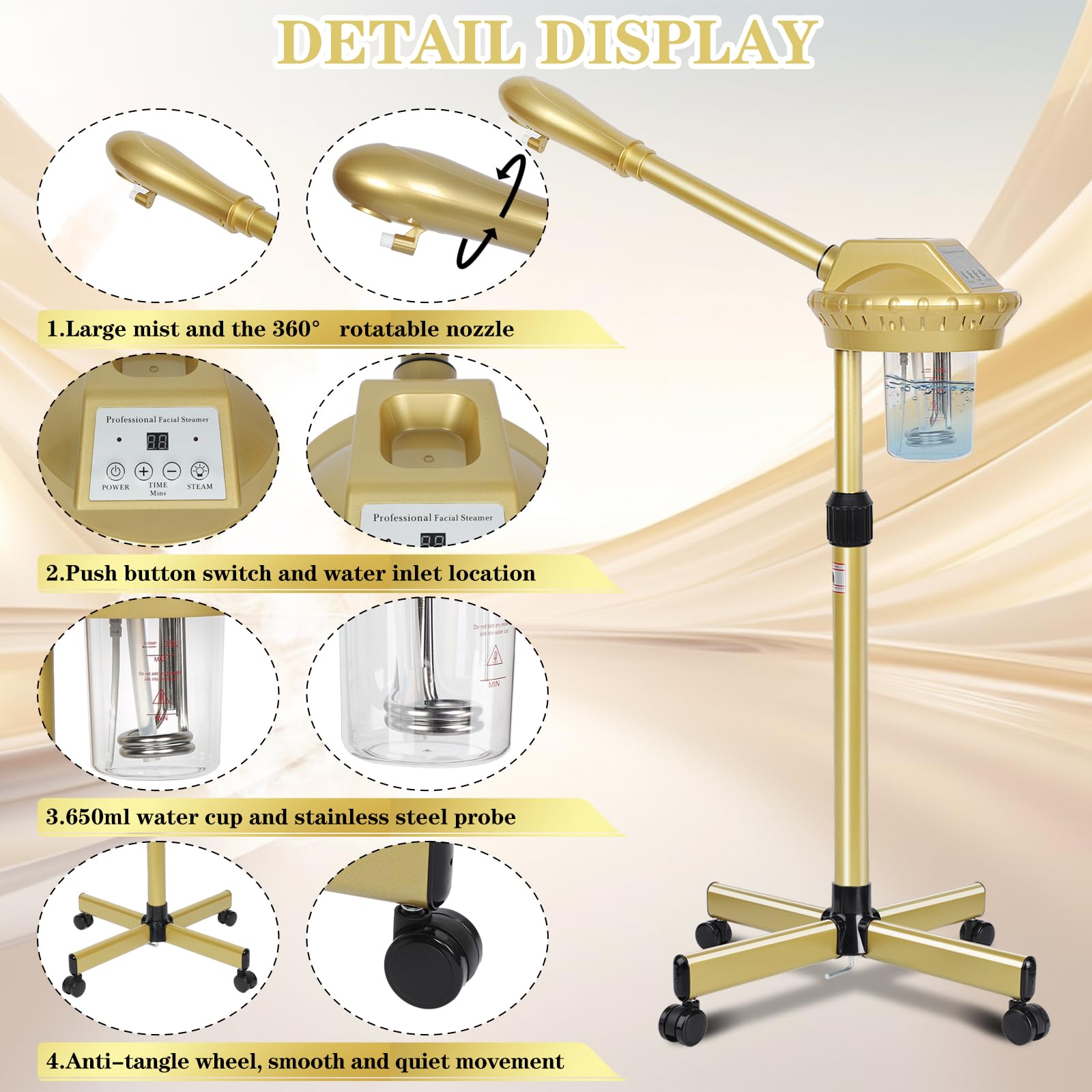 Wuissvnb Facial Steamer, Professional Facial Steamer for Estheticians, Hot Mist & Timer Function, Ozone Face Steamer on Wheels for Spa, Salon and at Home Use