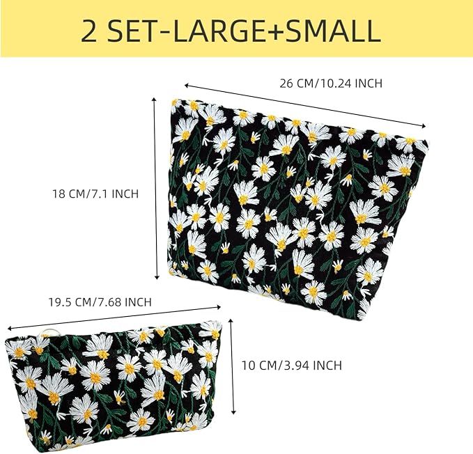 RIKMOXR 2 Pcs Makeup Bags, Large Cosmetic Bag Travel Toiletry Bag Organizer for Women, Embroidery Craft, Floral Makeup Bag Small Cosmetic Pouch Purse with Zipper Gifts for Girls Teen