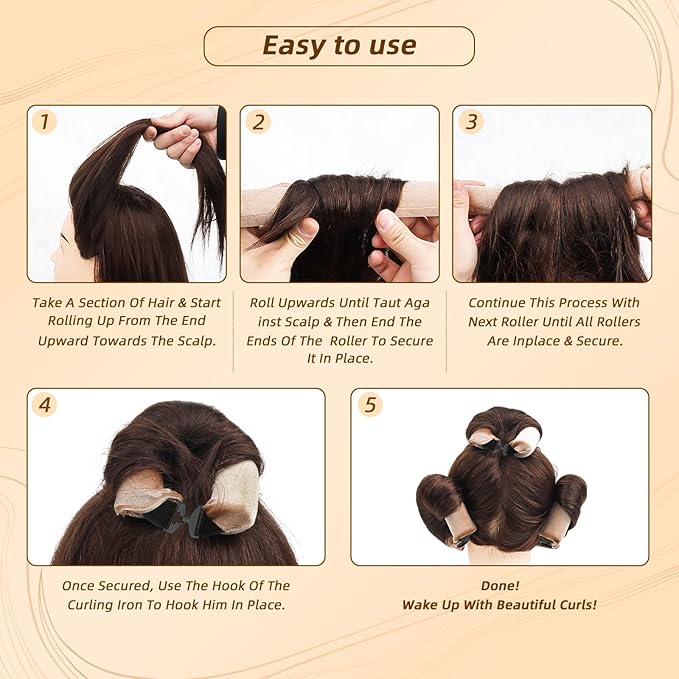 Luckybear Overnight Heatless Hair Curler Rods Jumbo, 3pcs Satin Flexi Rods for All Hair Types, Heatless Overnight Curls Styling Tools, Soft Velvet Satin Brown