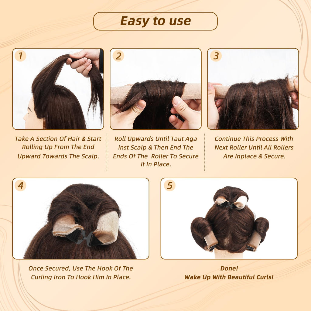 Luckybear Overnight Heatless Hair Curler Rods Jumbo, 3pcs Satin Flexi Rods for All Hair Types, Heatless Overnight Curls Styling Tools, Soft Velvet Satin Brown