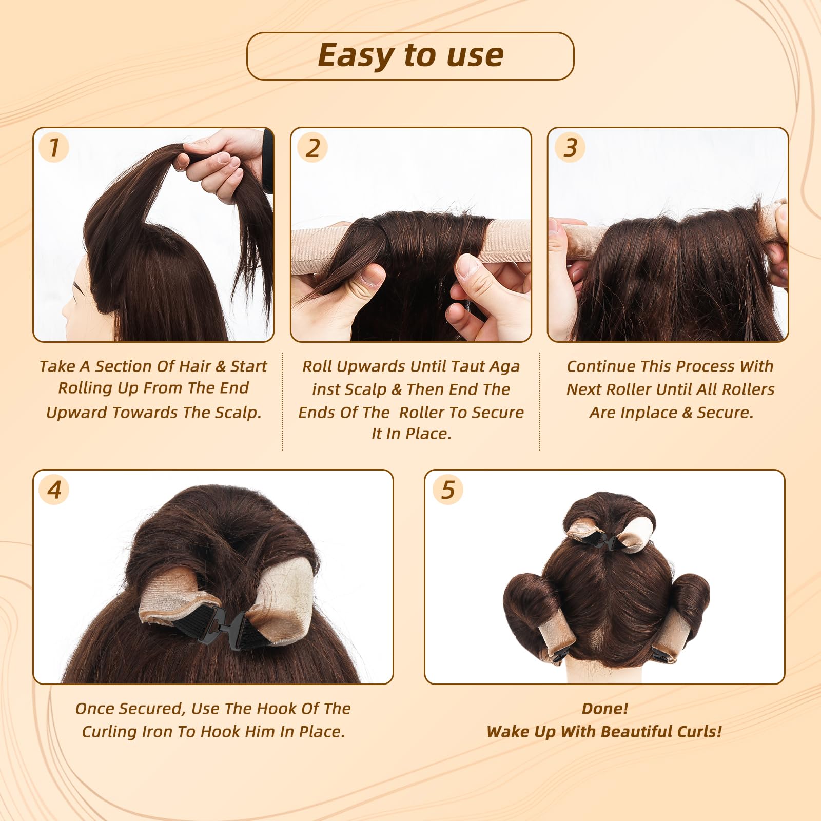 Luckybear Overnight Heatless Hair Curler Rods Jumbo, 3pcs Satin Flexi Rods for All Hair Types, Heatless Overnight Curls Styling Tools, Soft Velvet Satin Brown