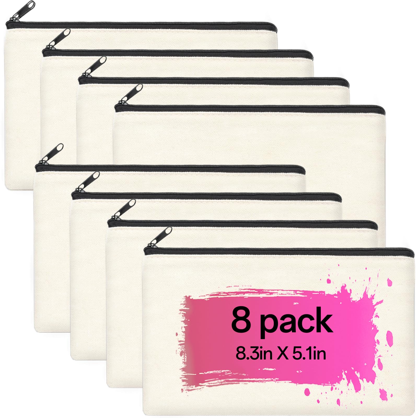 ZeeDix 8 Pack 8.3 x 5 inches Blank DIY Craft Bag - Beige Canvas Zipper Pouch Bags Multipurpose Cosmetic Bag Makeup Pouch with Zipper, Travel Toiletry Bag for Storage