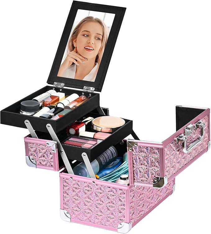 GALHUBIS Makeup Case Organizer,Makeup Train Case, Trays Cosmetic Box Portable, Profesional for Salon Barber,Pink
